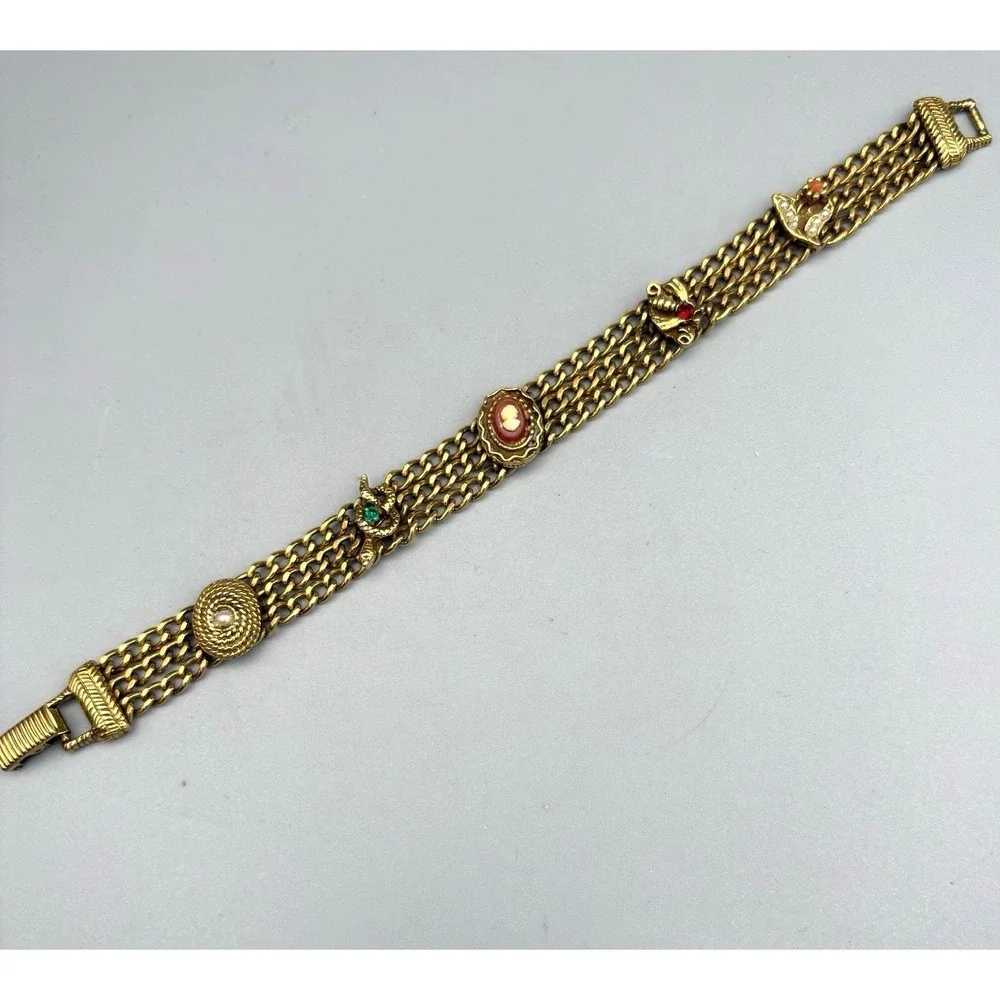 Vintage Goldette Triple Link Bracelet Cameo Snake Bee Mid-Century Gold Tone